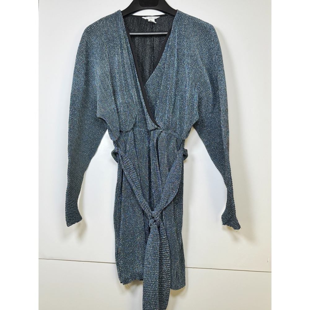 H&M Wrap Mini Dress Womens Small Blue Metallic Glitter Pleated Belted Waist